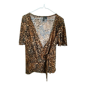 Essentials by Milano Brown Leopard Print Wrap Blouse Large